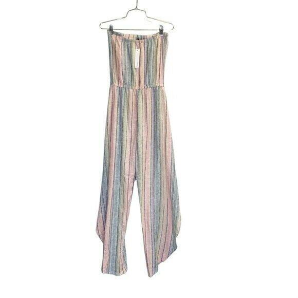 Drew Strapless Jumpsuit Split Hem Striped Linen Blend SZ xs NWT rainbow - Picture 6 of 11